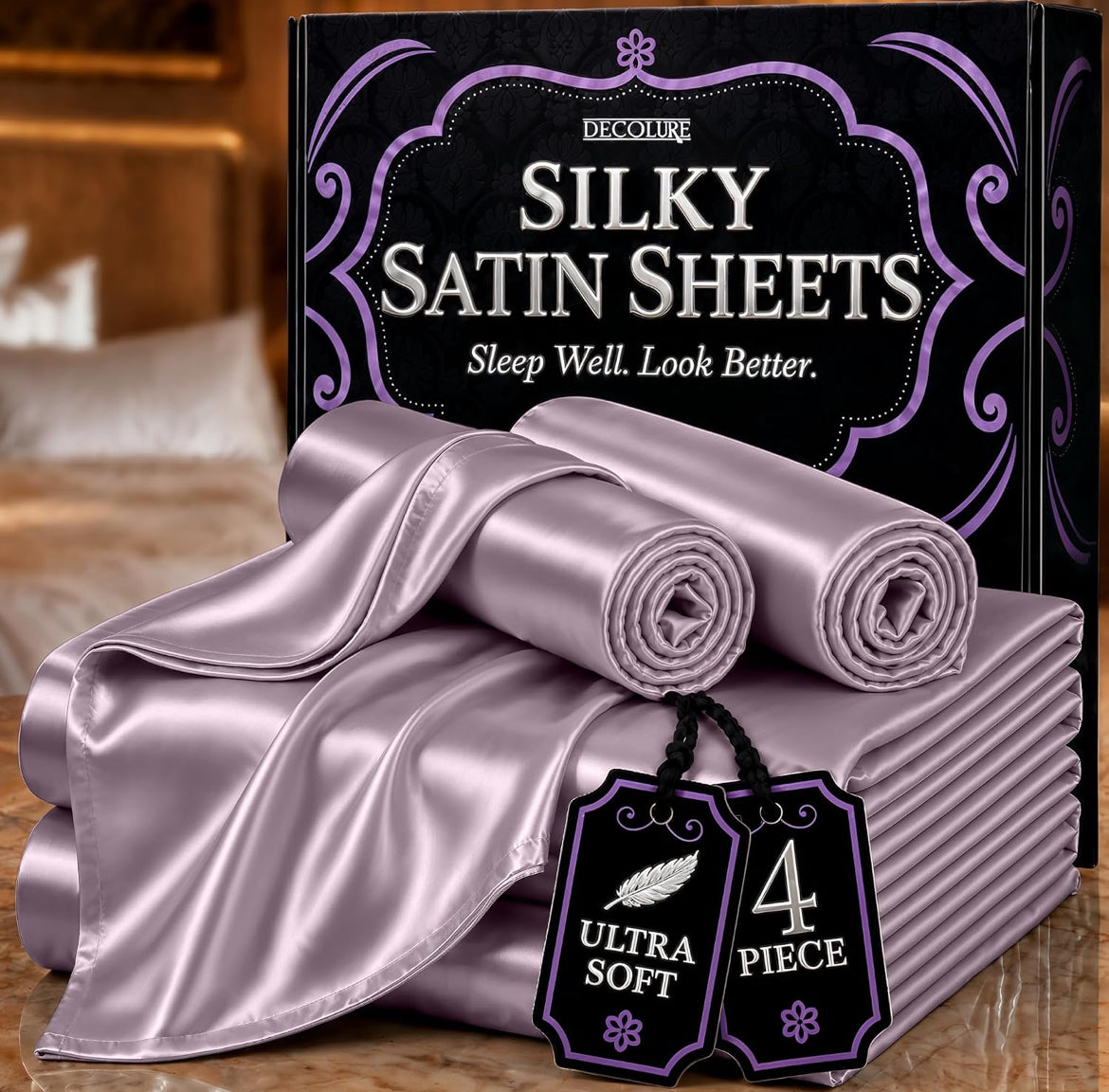 DECOLURE Satin Bed Sheets - 4 Piece Luxury Silky Queen Size Bedding Set - Softer Than Silk, Wrinkle-Free with 15” Deep Pocket Fitted Sheet, Perfect for Hair & Skin, Gifts for Women (Lavender)