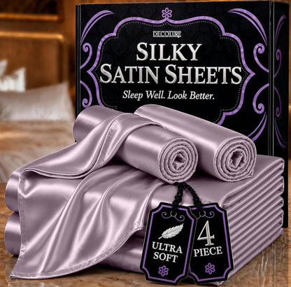 DECOLURE Satin Bed Sheets - 4 Piece Luxury Silky Queen Size Bedding Set - Softer Than Silk, Wrinkle-Free with 15” Deep Pocket Fitted Sheet, Perfect for Hair & Skin, Gifts for Women (Lavender)