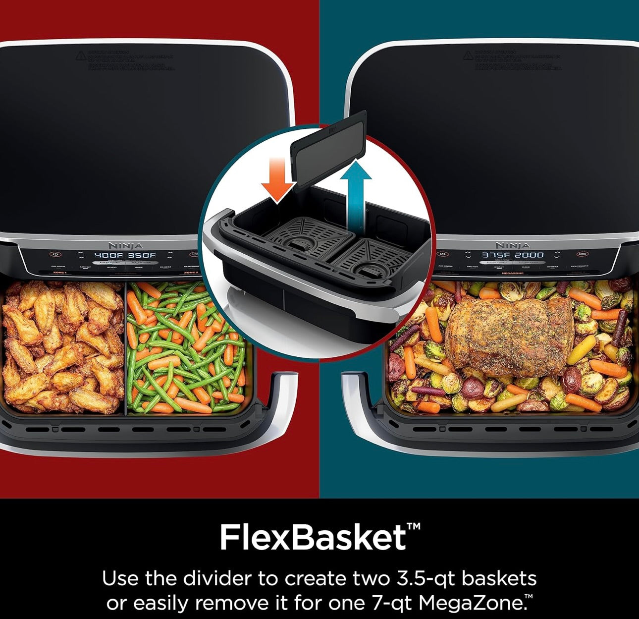 Ninja DZ071 Foodi 6-in-1 FlexBasket Air Fryer with 7-QT MegaZone & Basket Divider for Large Proteins & Full Meals, Smart Finish Cook 2 Foods 2 Ways, Family Sized Capacity, Air Fry, Roast & More - Black
