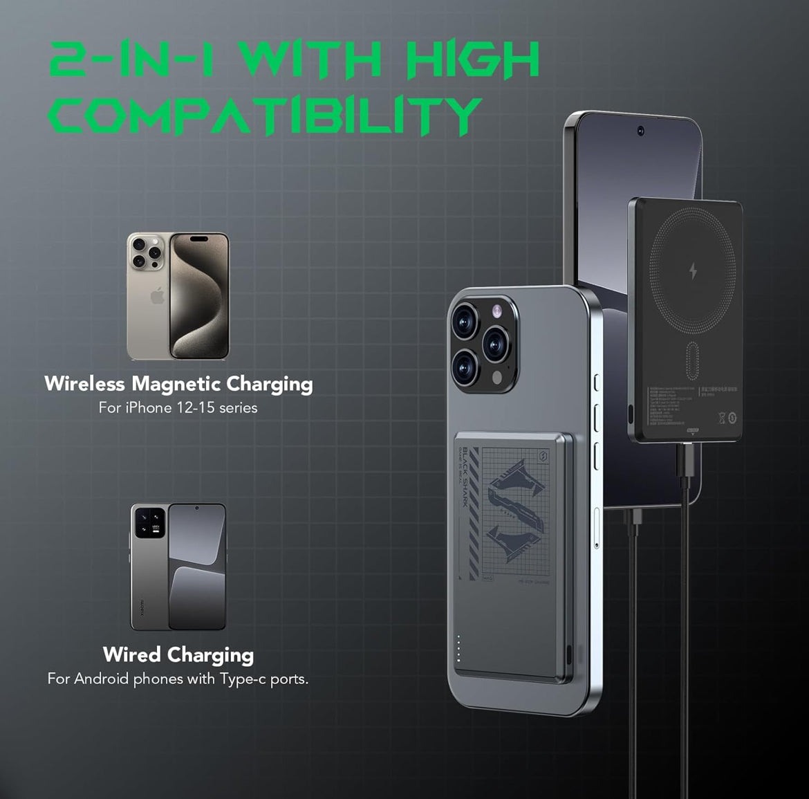 Black Shark Magnetic Power Bank, 5000mAh Wireless Portable Charger w/ USB-C Cable -Gray