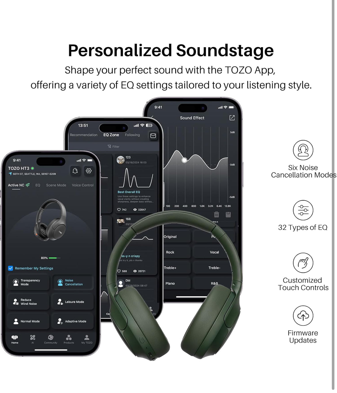 HT3 Hybrid Noise Cancelling Headphones, 90H Battery Life Over Ear Bluetooth 6.0 Foldable Headset, AI Voice Assistant - Green