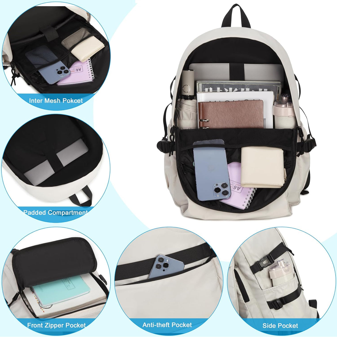 Laptop Backpack for Women, 15.6 Inch Work Laptop Bag Anti Theft Travel Backpacks Large School Bags Bookbag Casual Daypack Computer Bookbags for Teens Girls Students Off white