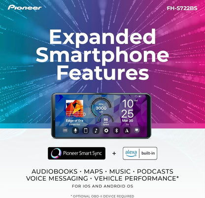 Pioneer FH-S722BS Dubbel Din Bluetooth CD Ontvanger – Ingeboude Bluetooth, USB/AUX Ingange, Pioneer Smart Sync, Hands-free Oproepe, Verbeterde Klank in die Motor