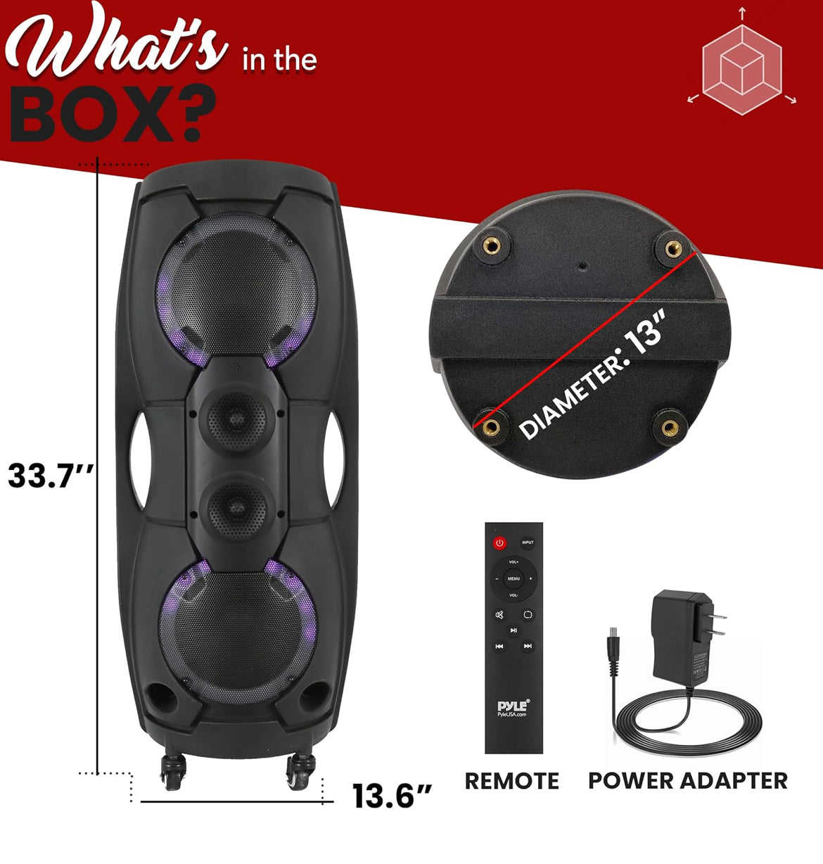 Portable Bluetooth PA Speaker System - 1000W Indoor/Outdoor Bluetooth Speaker PA System w/TWS, Recorder, Microphone in, Party Lights, USB SD Card Reader, FM Radio, Rolling Wheels PPHP82LB,Black