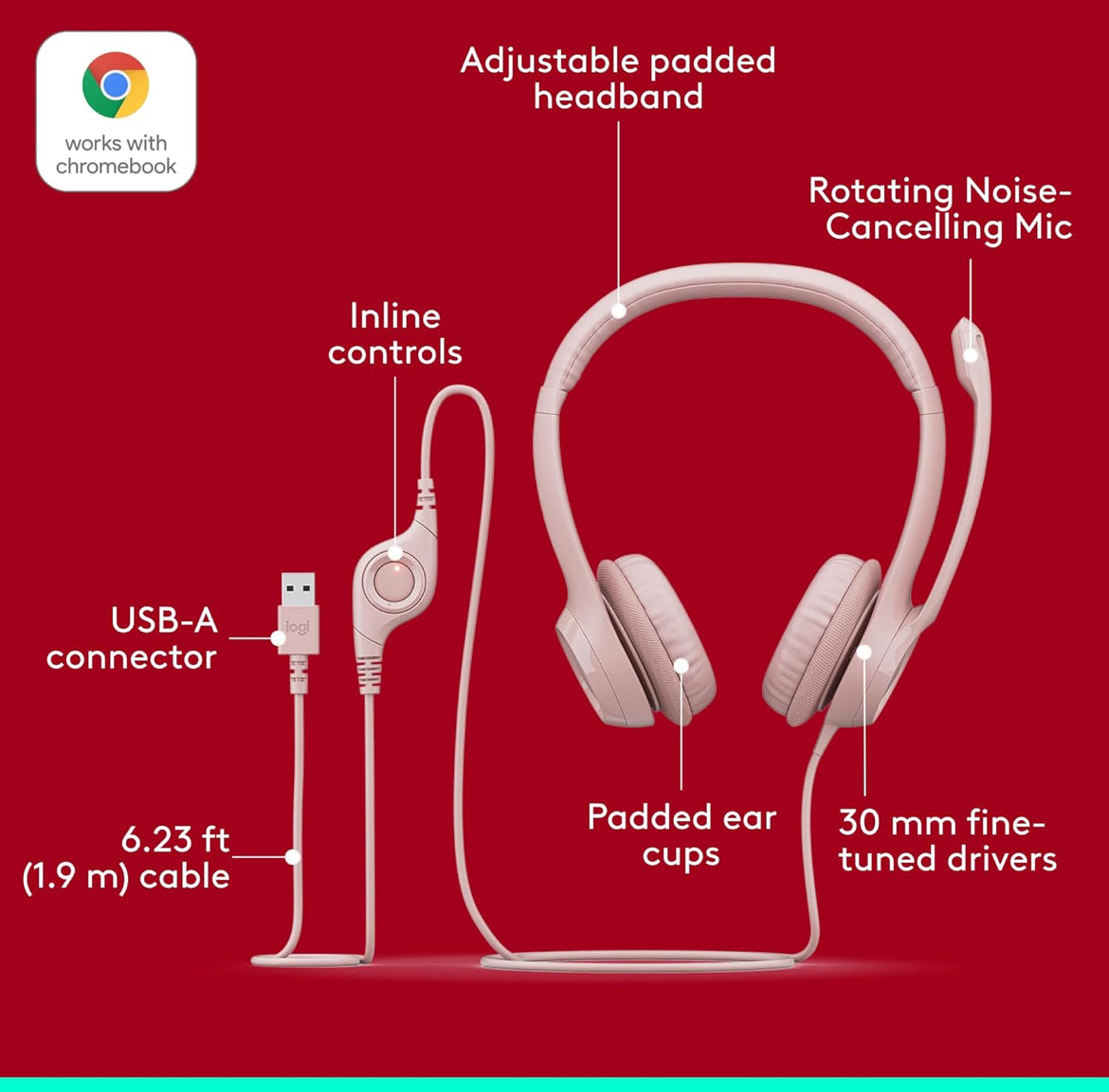 Logitech H390-speletjieshoofoorfone, bedrade hoofoorfone met mikrofoon, USB-kopstuk met mikrofoon vir rekenaar, ruisonderdrukkende mikrofoon vir videovergaderings, musiek, speletjies – Roos