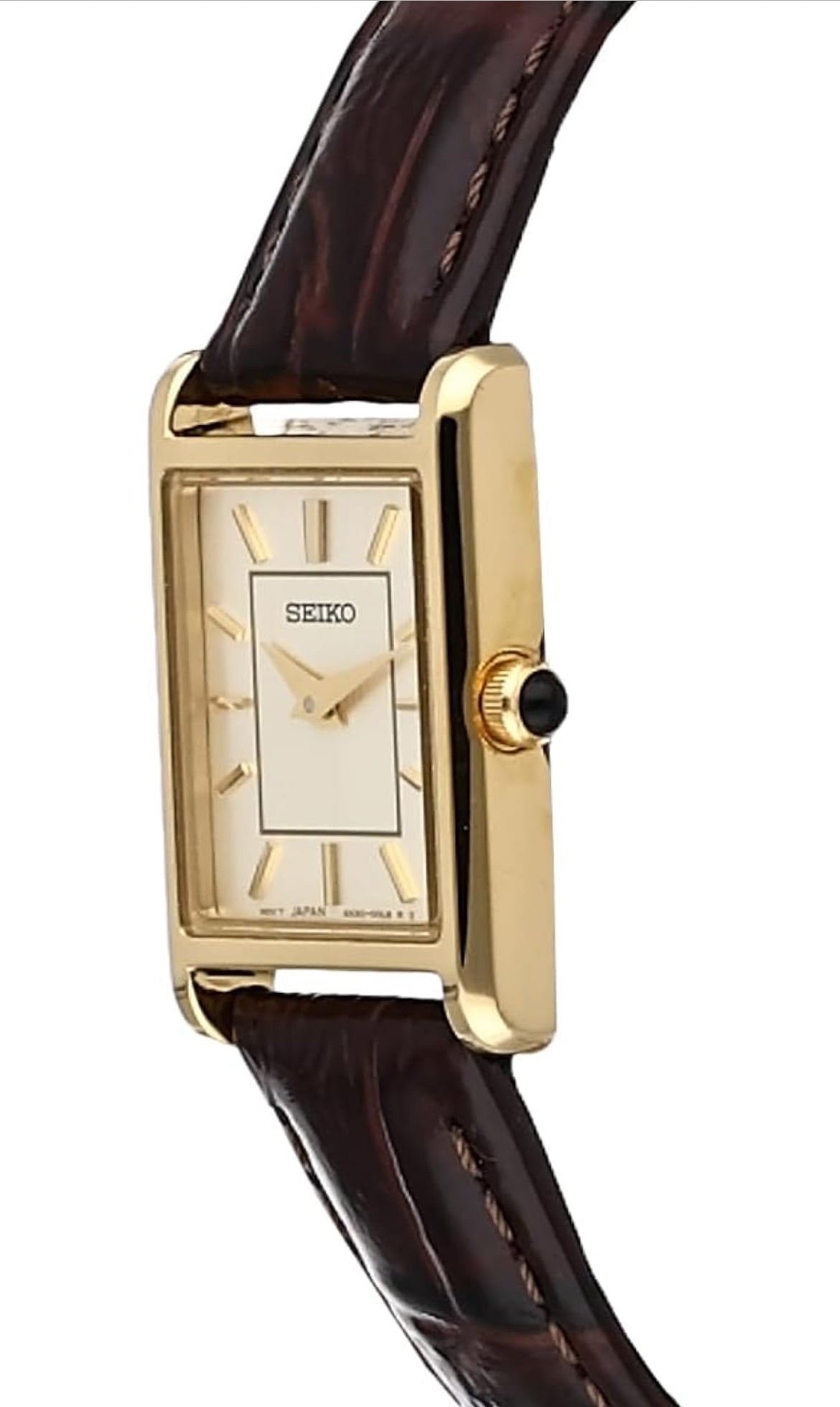 SEIKO Essentials Horlosie Waterbestand met Vlekvrye Staal Reghoekige Kas en Leerband - SJAMPANJE