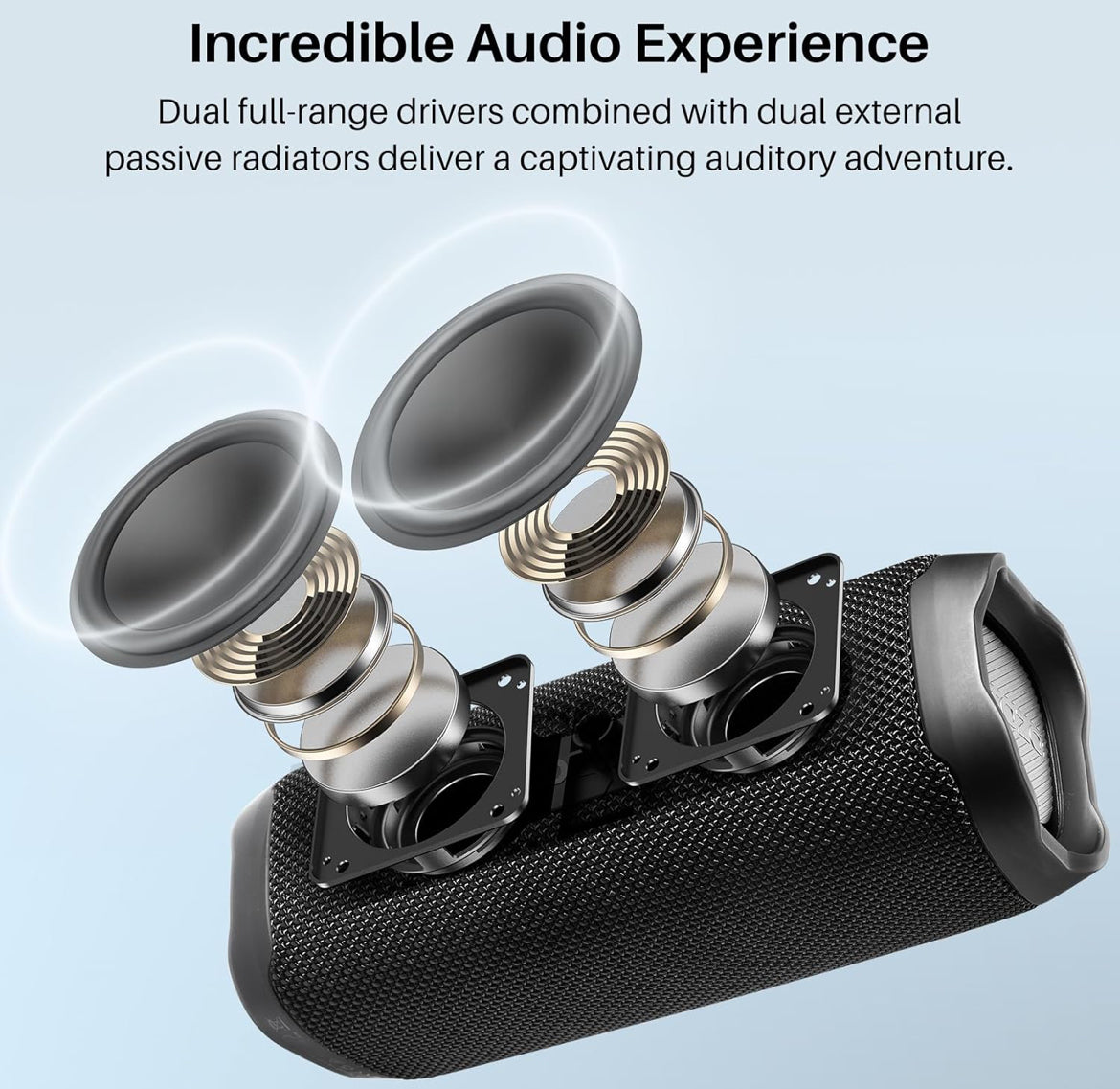 PA2 Portable Bluetooth Speaker w/ Dual Drivers & Dual Bass Diaphragms, Deep Bass Loud Stereo Sound, 25H Playtime, Custom EQ - BLACK