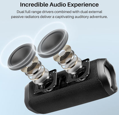 PA2 Portable Bluetooth Speaker w/ Dual Drivers & Dual Bass Diaphragms, Deep Bass Loud Stereo Sound, 25H Playtime, Custom EQ - BLACK