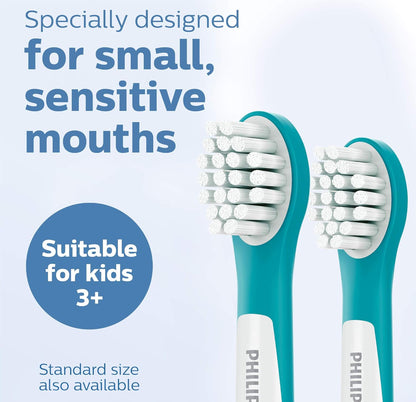 Philips Sonicare for Kids 3+ Oorspronklike Vervangingsborselkoppe, 2 Borselkoppe, Turkoois en Wit, Kompak, HX6032/94