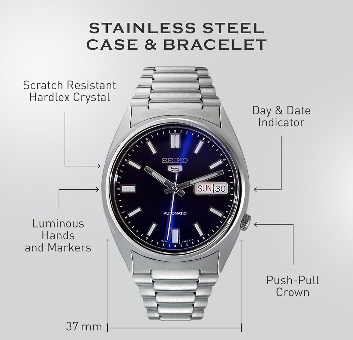 Seiko 5 Manshorlosie van vlekvrye staal