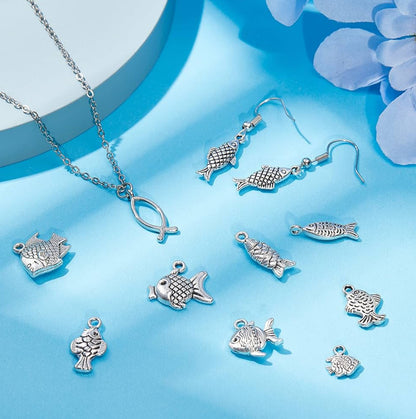 60 Stuks Vis-sjarms vir Juweliersware Maak - Verouderde Silwer Allooi Hangers in 12 Style - Gesorteerde Sjarms vir Selfdoen Handwerk Somer Armband Ketting Oorring