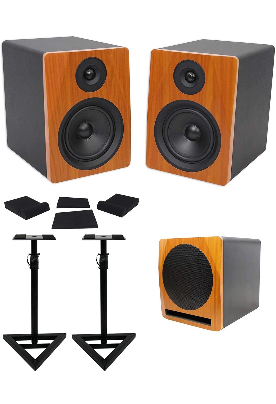 Rockville 2 APM6C 6.5" Powered Studio Monitors+Active 10" Subwoofer+Stands+Pads