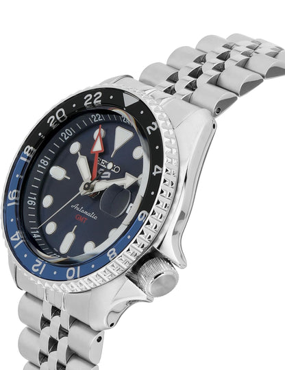Seiko Outomatiese Horlosie vir Mans - 5 -Sport - Blou Horlosieplaat met Datumkalender en Liggewende Wysers en Merkers en Swart & Blou GMT-ring, 100m Waterbestand
