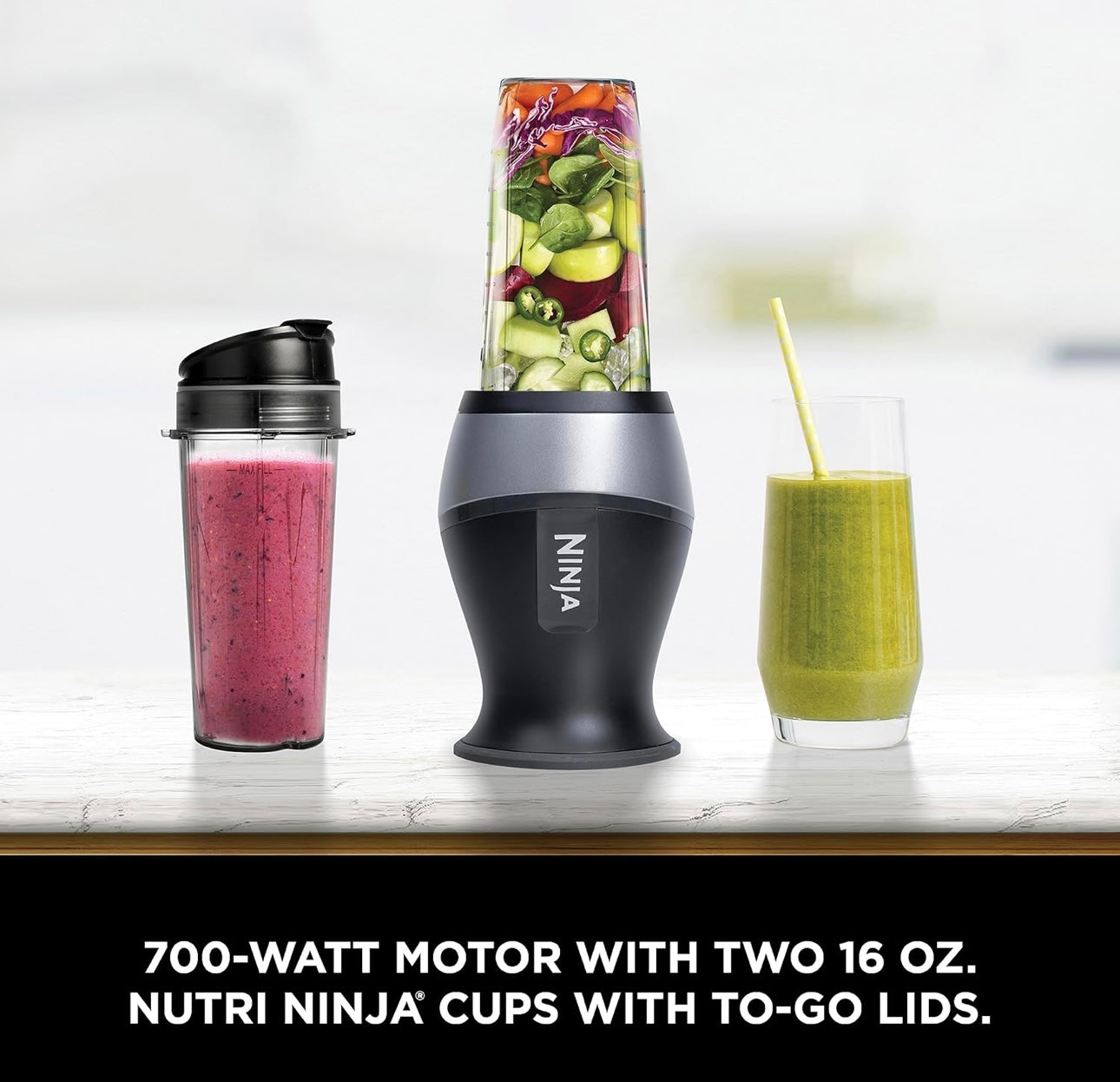 Ninja Fit Compact Personal Blender, Portable Blender for-Smoothies, Shakes, Food Prep, and Frozen Blending, 700-Watt Base, (2) 16-oz. Cups and Spout Lids, Black QB3001SS