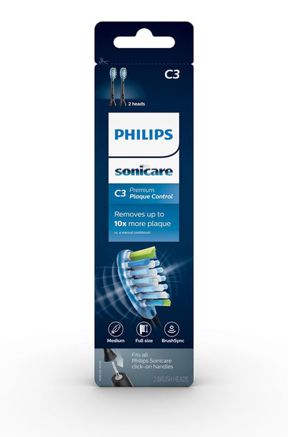 Philips Sonicare Oorspronklike C3 Premium Plaque Control Vervangende Tandeborselkoppe, 2 Borselkoppe (Swart) HX9042/95