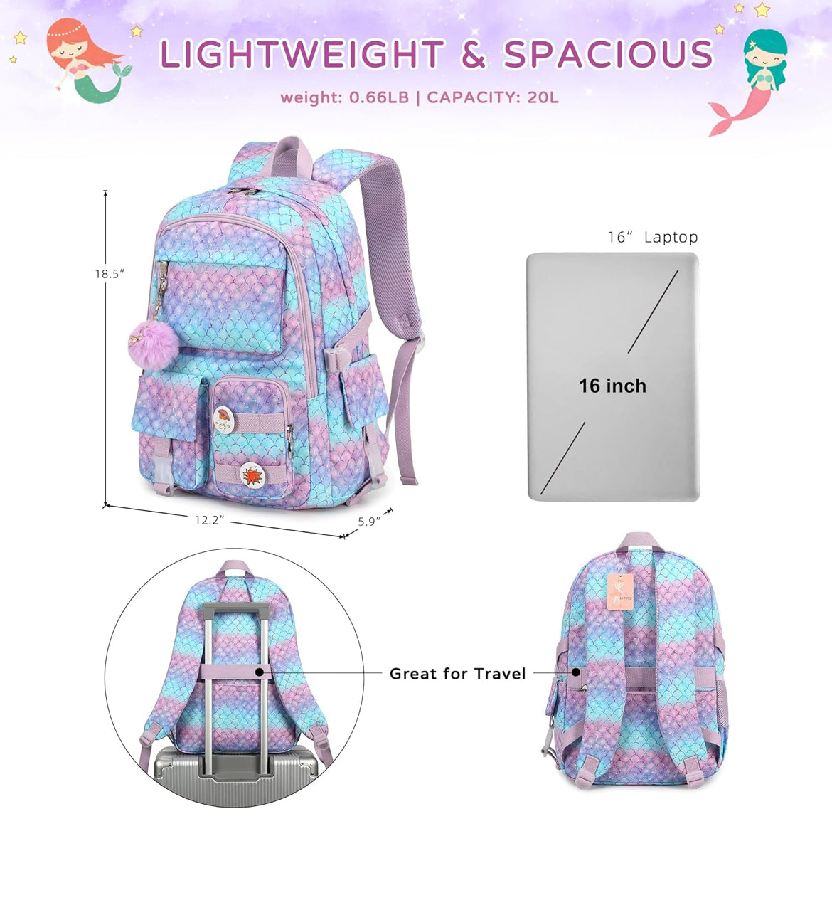 Girls Backpack,15.6 Inch Laptop School Bag Large Primary Elementary Middle College Bookbags Kids Backpacks for Teens Girl Women Students Anti Theft Travel Daypack (Purple)