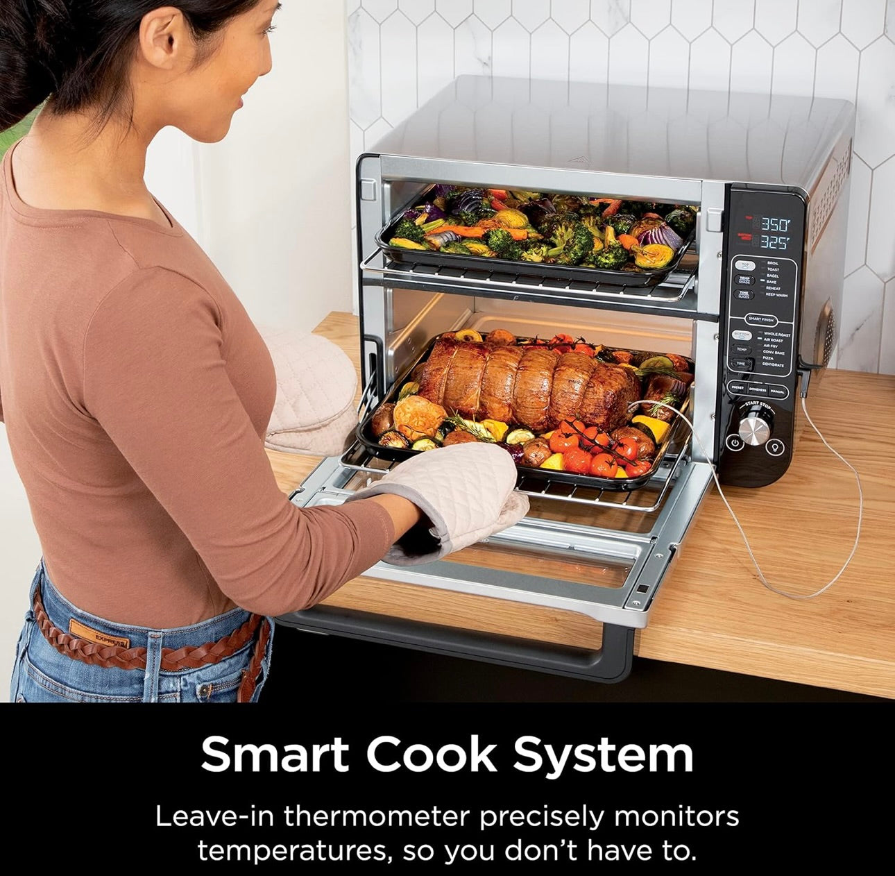 Ninja DCT451 12-in-1 Smart Double Oven with FlexDoor, Thermometer, FlavorSeal, Smart Finish, Rapid Top Convection and Air Fry Bottom - Stainless Steel