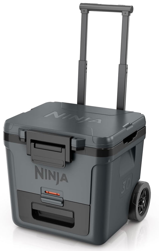 Ninja Cooler FrostVault 30QT-koeler met wiele – geïsoleer met Temp Dry-bergingslaai hou ys dae lank koud – Houtskoolgrys
