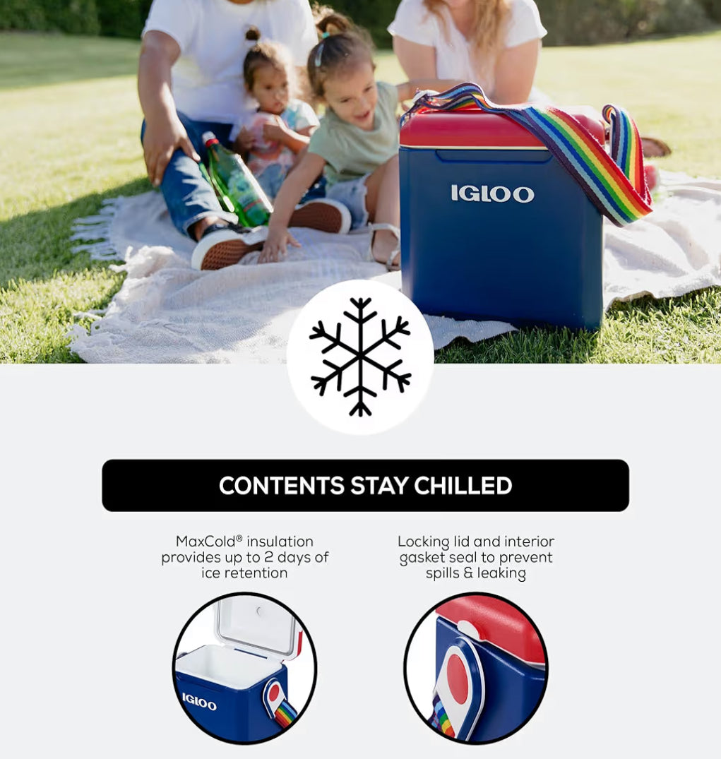 Igloo Tag-Along-Too Tailgating Cooler 11 Qt 2-Day Ice Retention - (Navy / Rainbow strap)