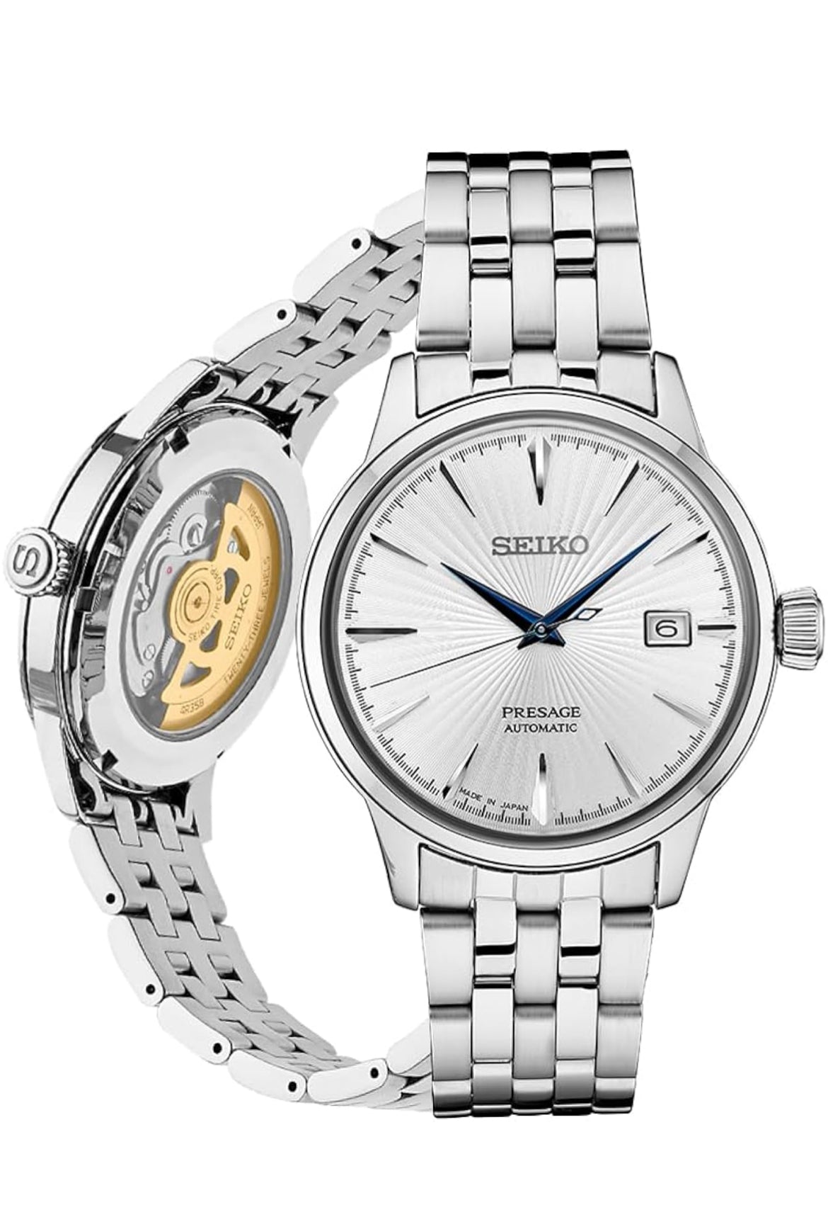 SEIKO SRPB77 Outomatiese Horlosie vir Mans - Presage Cocktail Time - Silwer Skakelaarplaat met Patroon en Glansafwerking, Datumkalender, 50m Waterbestand