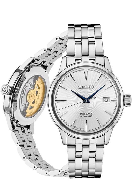 SEIKO SRPB77 Outomatiese Horlosie vir Mans - Presage Cocktail Time - Silwer Skakelaarplaat met Patroon en Glansafwerking, Datumkalender, 50m Waterbestand