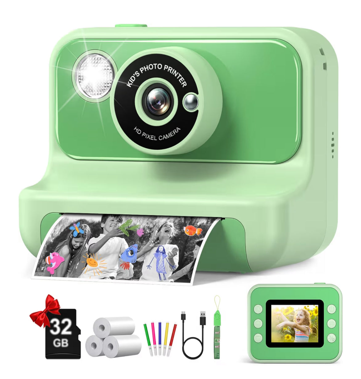 Kinders Kits Druk 1080p HD Video Digitale Kamera met 32G Kaart - (Groen)