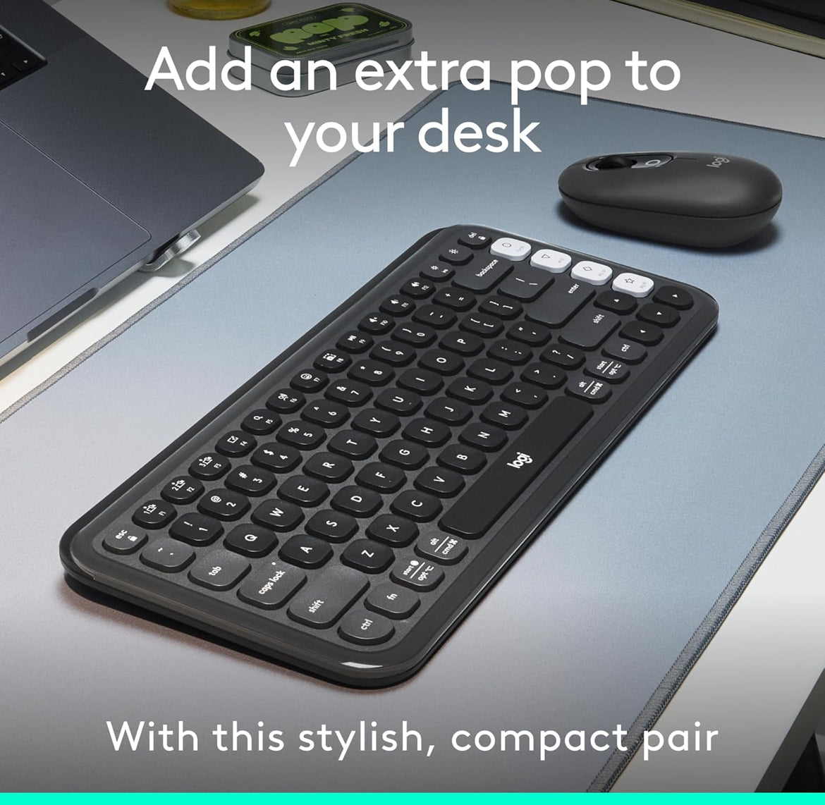 Logitech POP ICON Combo, Bluetooth Sleutelbord en Muis Kombinasie, Gemaklike Tik, programmeerbare Sleutels en Knoppies, Stil klikke, Maklike Wisseling tot 3 Toestelle - Grafiet en Spierwit
