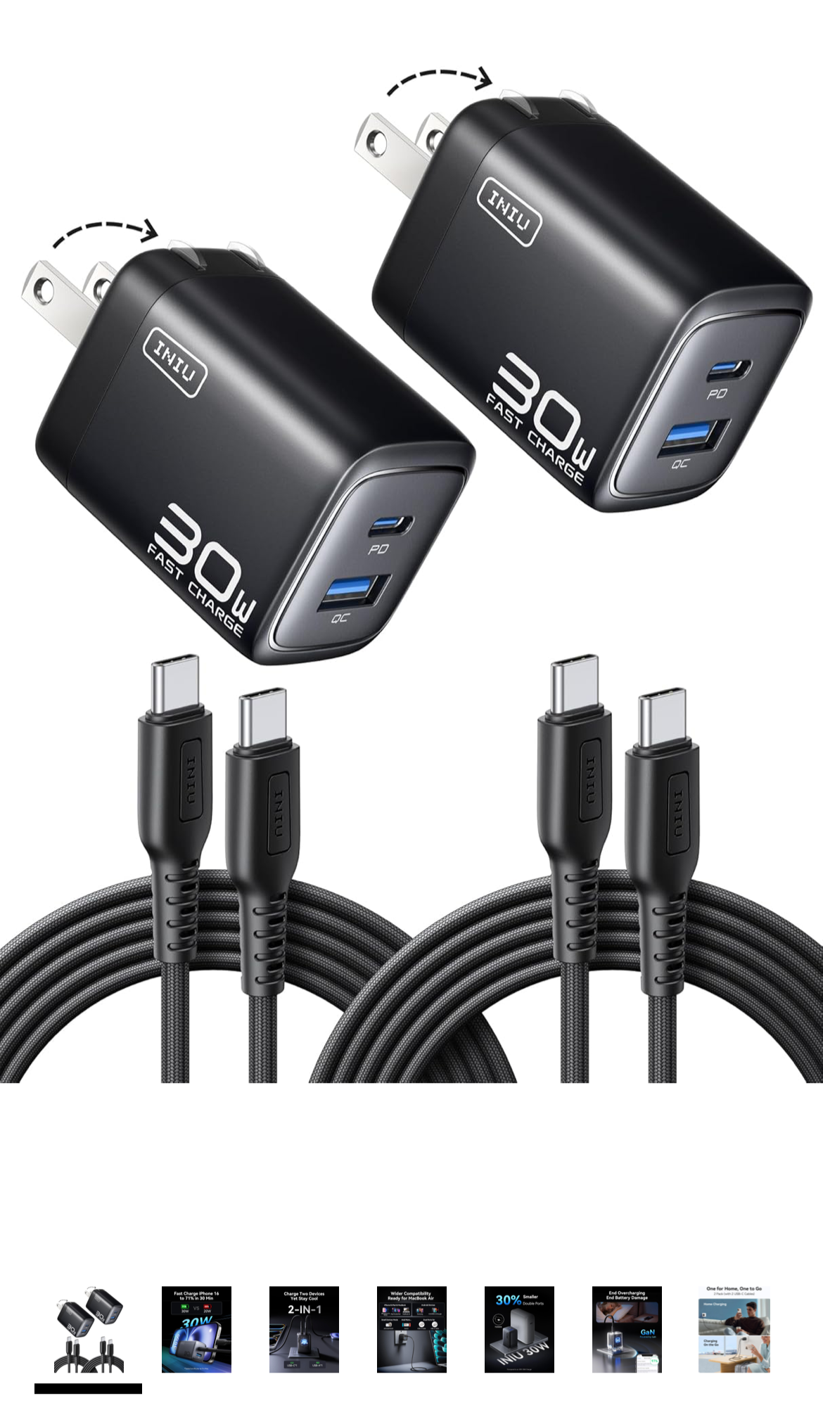 INIU USB C Charger Block, 2-Pack 30W PD Fast Charging, [USB-C + USB-A] iPhone 16 Charger with Foldable Plug, GaN Tech Type C Power Adapter for iPhone 16, 15 Pro Max, Samsung S25, S24, iPad Pro etc