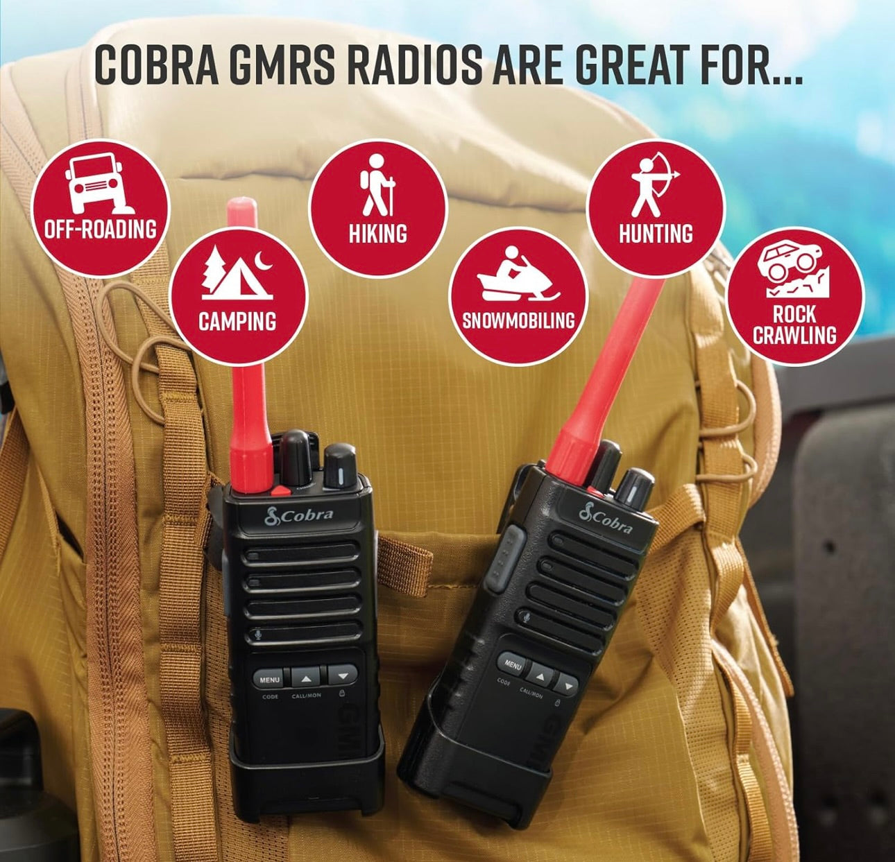Cobra Trailblazer 500 GMRS Radio (2-pak) – IP54 Robuuste Ontwerp Sonder Skerm, 2.5W Langafstand Walkie Talkies, 16 uur Battery, Draaiholster, Programmeerbare Sagteware, Verwyderbare Antenna, Herhaler Versoenbaar