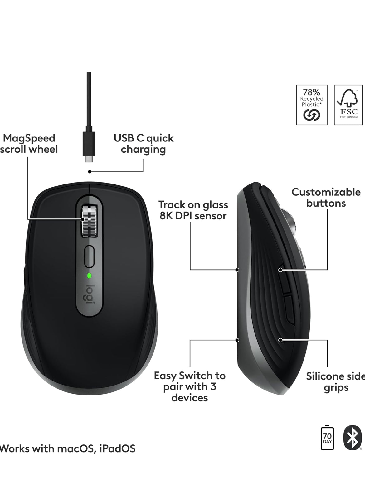 Logitech MX Anywhere 3S vir Mac, Kompakte Draadlose Bluetooth-muis, 8K DPI-spoorsnyer vir enige oppervlak, Stil Klikke, USB C, Draadlose muis vir MacBook Pro, MacBook Air, iMac, iPad - Ruimtegrys