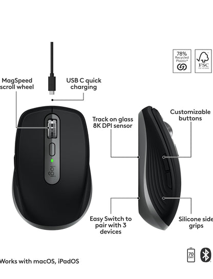 Logitech MX Anywhere 3S vir Mac, Kompakte Draadlose Bluetooth-muis, 8K DPI-spoorsnyer vir enige oppervlak, Stil Klikke, USB C, Draadlose muis vir MacBook Pro, MacBook Air, iMac, iPad - Ruimtegrys