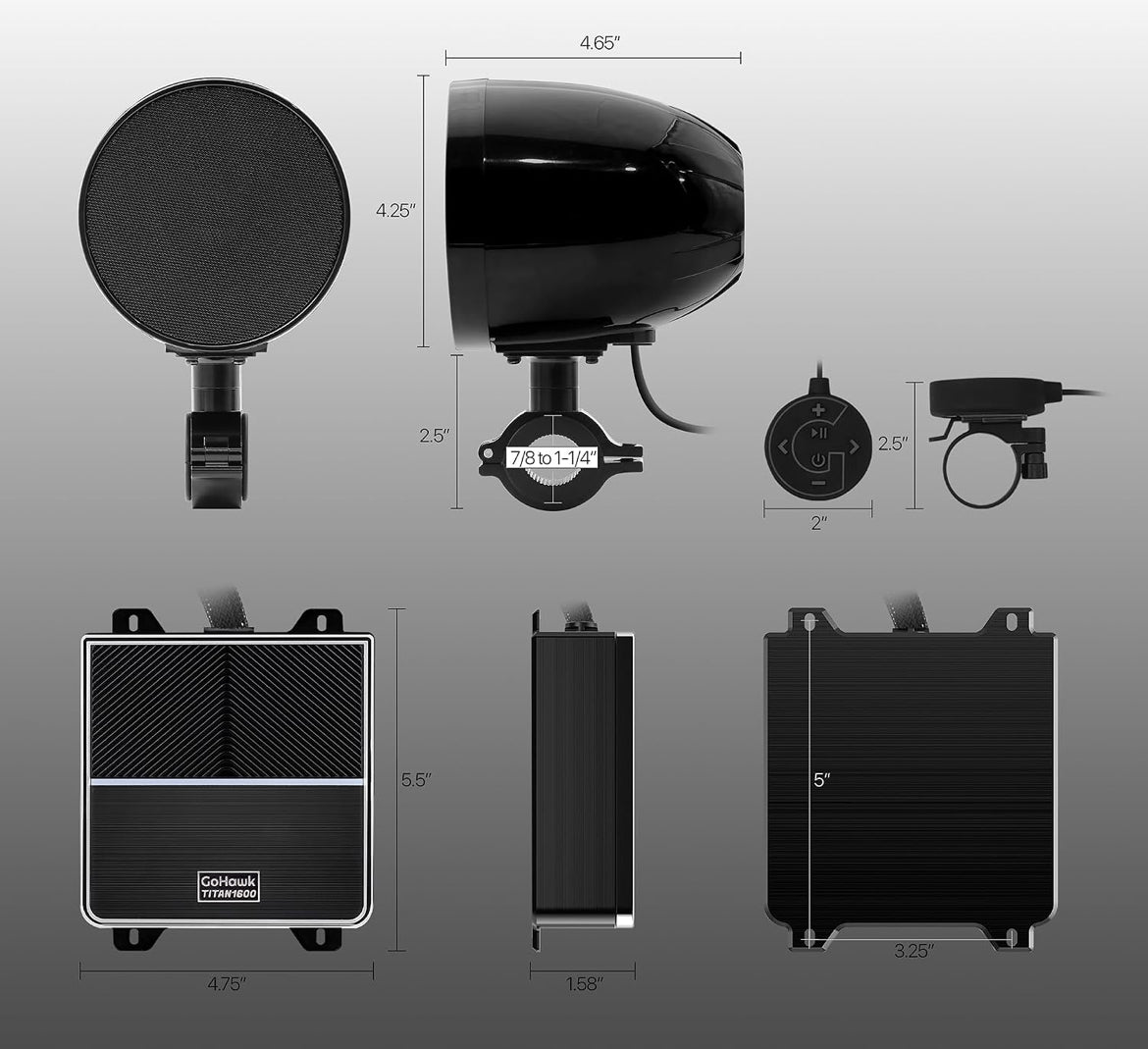 Motorcycle Bluetooth Speakers 4-Speaker Waterproof Audio System
4.25 Inch Full-range Speakers, 1600W Peak Power, Bluetooth/USB/AUX/FM Radio, Subwoofer Output, Fits 7/8-1.25 inch handlebars