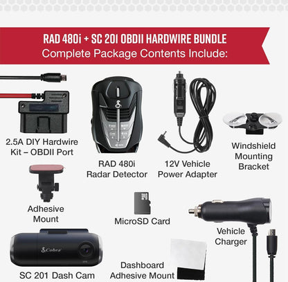 Cobra RAD 480i Radarverklikker & SC 201 Slim Streepkamera Langafstand Vinnige Radarbespeuring, Vol HD 1080P Video + 16GB SD Kaart, Ingeboude WiFi & GPS