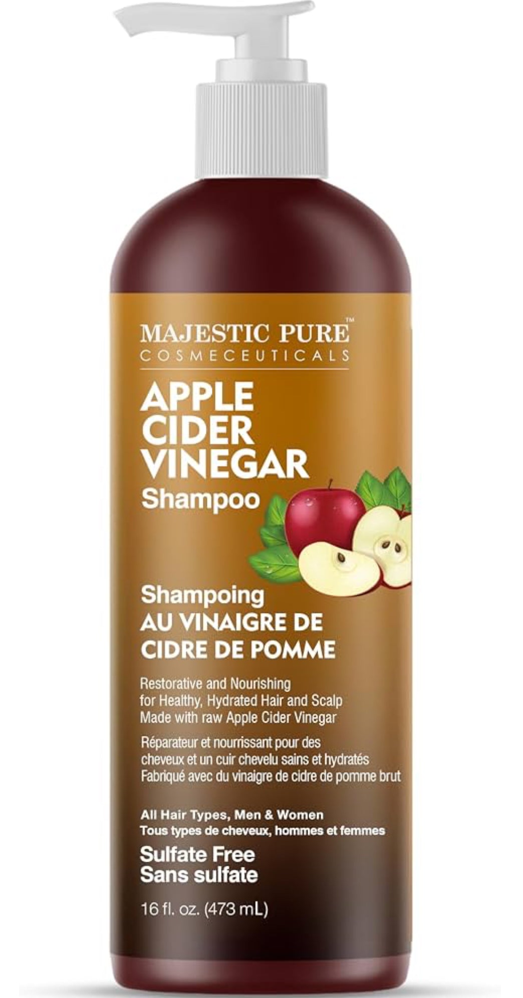 Pure Apple Cider Vinegar Shampoo - Restores Shine & Reduces Itchy Scalp, Dandruff & Frizz - Sulfate Free, for All Hair Types, Men and Women - 16 fl oz (Pack of 2)