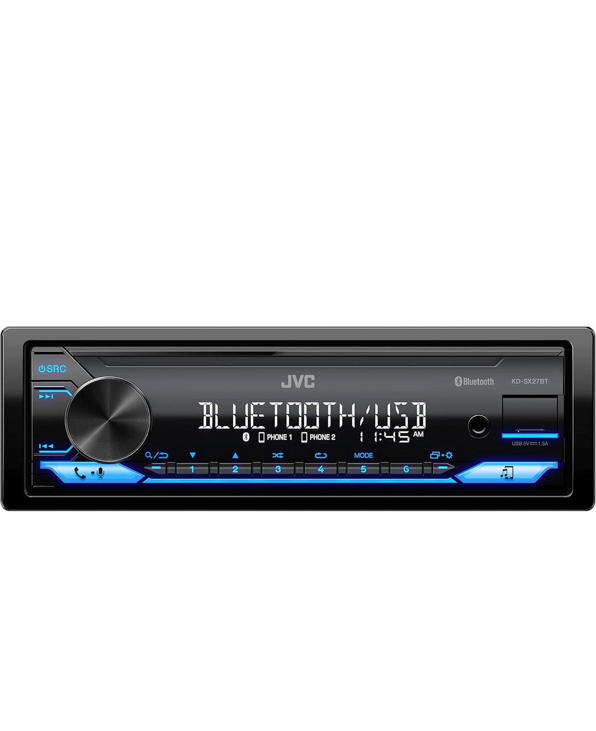 JVC KD-SX27BT Kar Stereo met Bluetooth, 100W Digitale Media Ontvanger, 1.5A USB om Toestelle te Laai, Enkel DIN Hoofeenheid, AM/FM, Aux-in, JVC Afstandsbeheer App