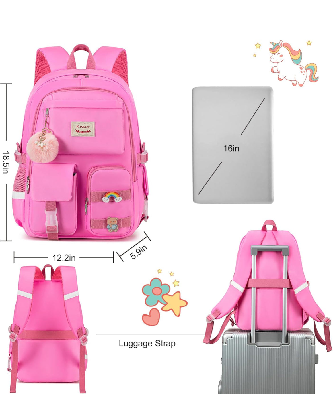 Backpack for girls Laptop Backpacks 15.6 Inch College Cute Bookbag Anti Theft Primary Elementary School Bag Casual Daypack for Teens Girls Women Students （Rose