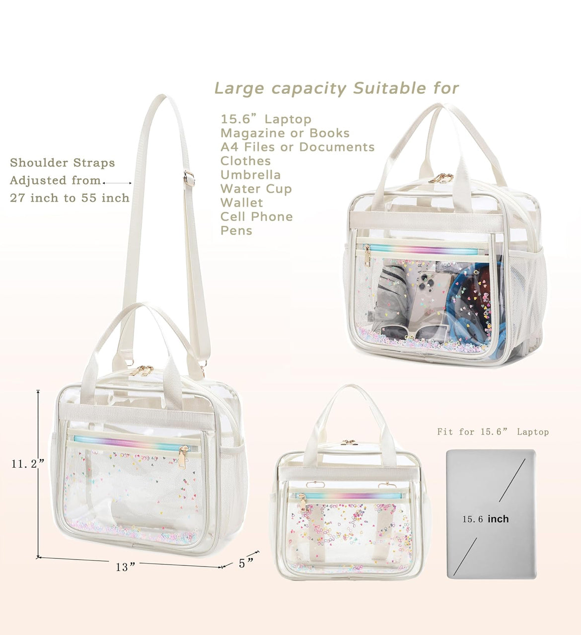 Clear Beach Bag Travel Tote Transparent Backpack for Women Girls Stadium Approved Crossbody Messenger Shoulder Handbag