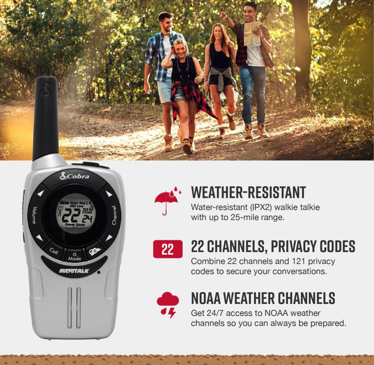 Cobra ACXT360 Water Resistant Walkie Talkies – Rechargeable, 22 Channels, Long Range 25-Mile Range Two-Way Radios 3-Pack, White, Silver and Red