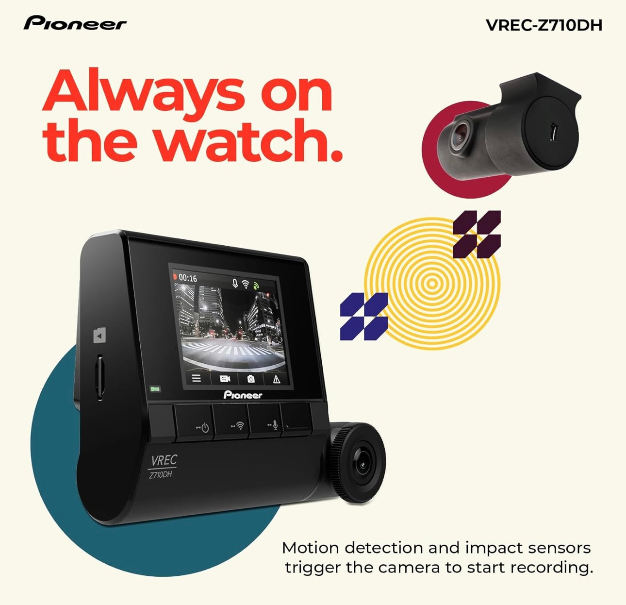 Pioneer VREC-Z710DH - Hoëdefinisie Dash Cam, 4K Ultra HD-opname, Dubbelkanaal, GPS-opsporing, Wi-Fi-konnektiwiteit, en Gevorderde Bestuurderbystandstelsels