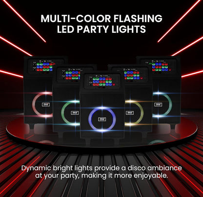 Portable Karaoke PA Speaker System - 600W 8” Rechargeable TWS, Party Lights, LED Display, FM/AUX/MP3/USB/SD, Wheels - Wireless Mic, Remote Control, Tablet Holder Included