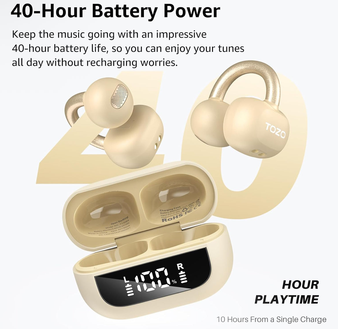 Open Ear Clip Earbuds, Lightweight Comfort 40H Play BT w/ Smart Digital Display - Khaki