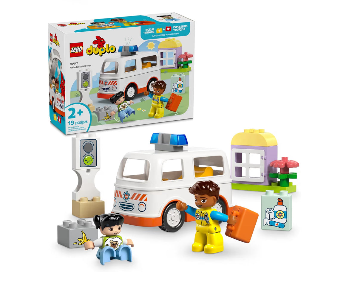 LEGO DUPLO Dorp Ambulans & Drywer Boustel Speelgoed – Voorskoolse Leer- en Opvoedkundige Ambulansspeelding vir Kleuters, Seuns en Meisies, Ouderdom 2+ – Voorgee Speel Baba Geskenkidee – 10447