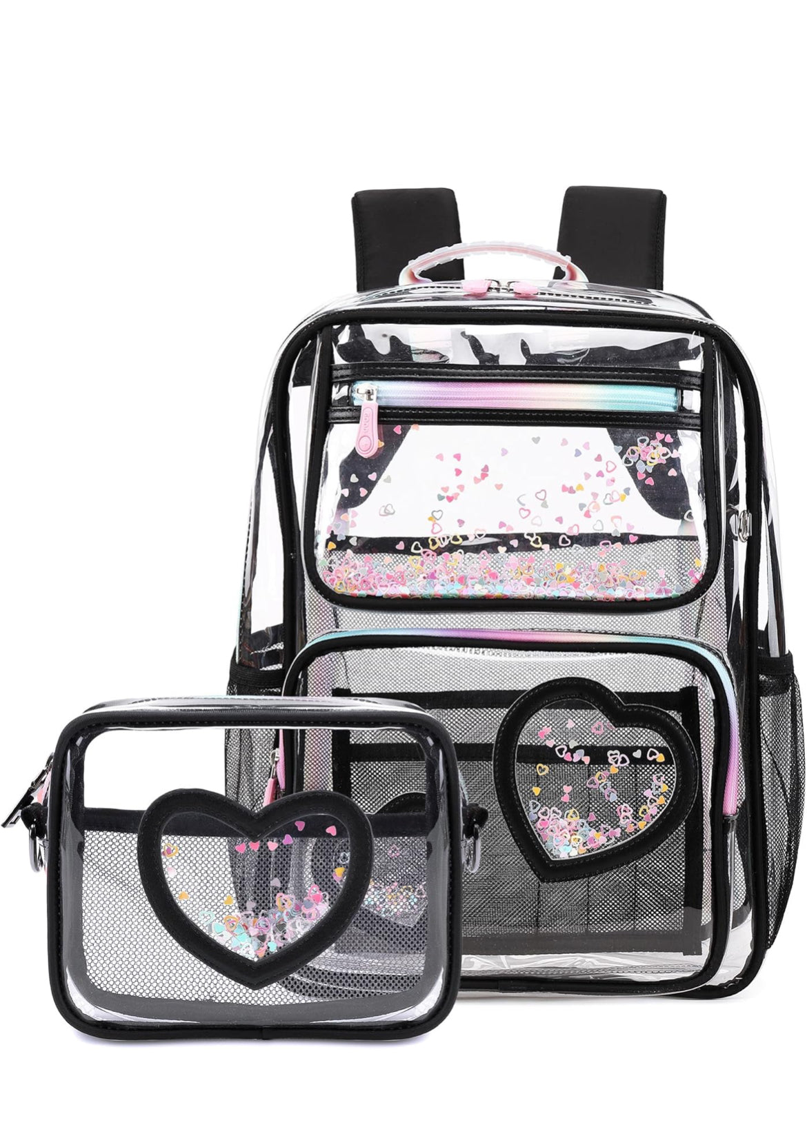 Girls Clear Backpack,2 PCS Large Backpacks Set,Heavy Duty Bookbag Stadium Approved Daypack Transparent Women Bag See Through Daypack for Kids Elementary Middle School Students Teens Sport Black