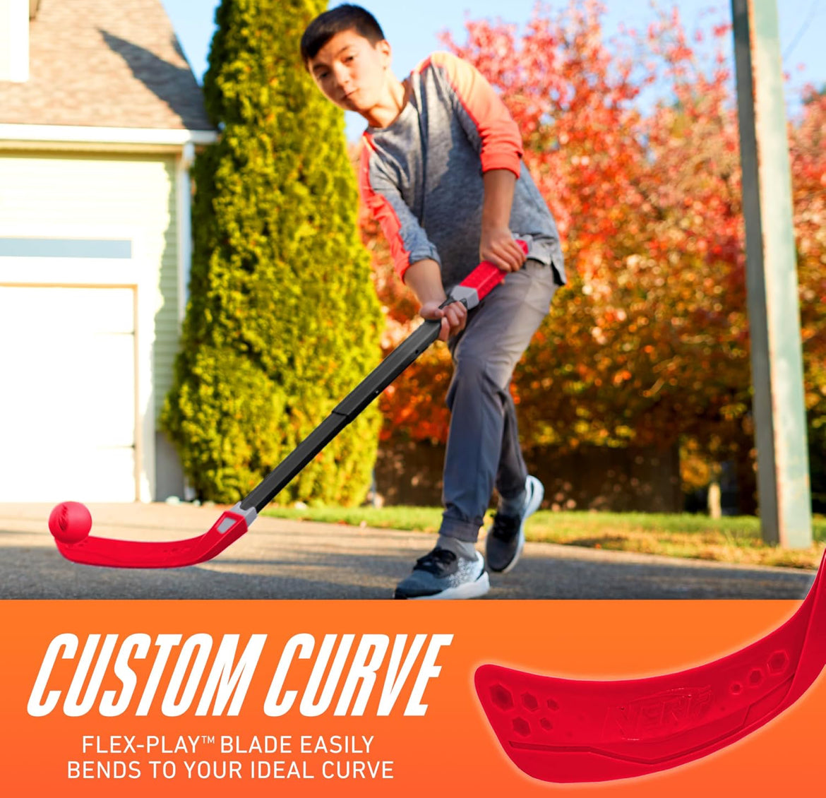 NERF Flexplay Hockey Stick + Ball Set - Adjustable HeightIndoor + Outdoor Fun, Adjustable 30" To 40" Height, Customized Blade Curve, Great For All Ages