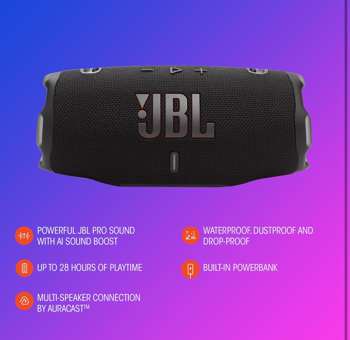JBL Charge 6 - Portable Waterproof & Drop-Proof Bluetooth Speaker with a Sturdy/Removable Carrying Strap (White)
