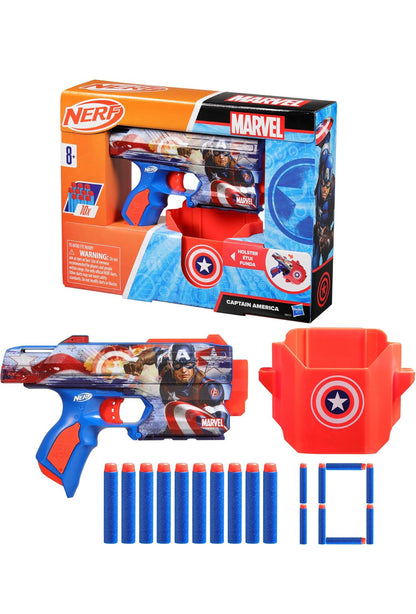 Nerf Marvel Captain America Dart Blaster, 10 Elite Darts, Holster, Toy Foam Blasters for 8 Year Old Boys & Girls & Up
