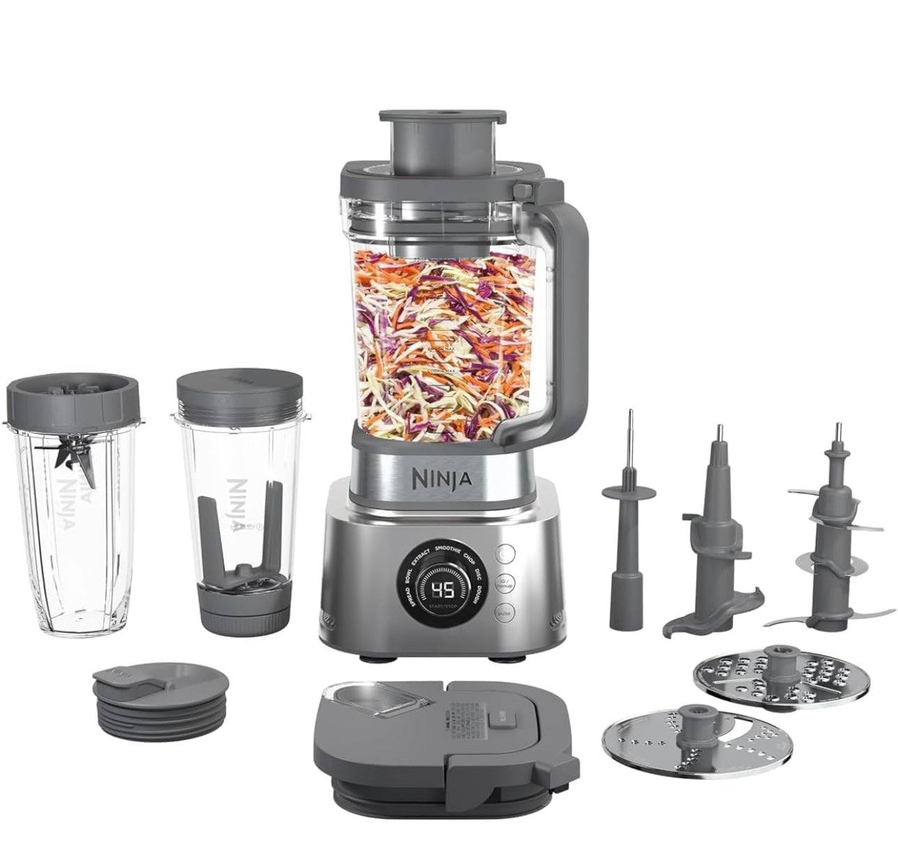Ninja Blender and Food Processor Combo, Foodi Power Blenders For Kitchen and Personal Size 72-oz. Glass Pitcher & To-Go Cups -Silver SS401