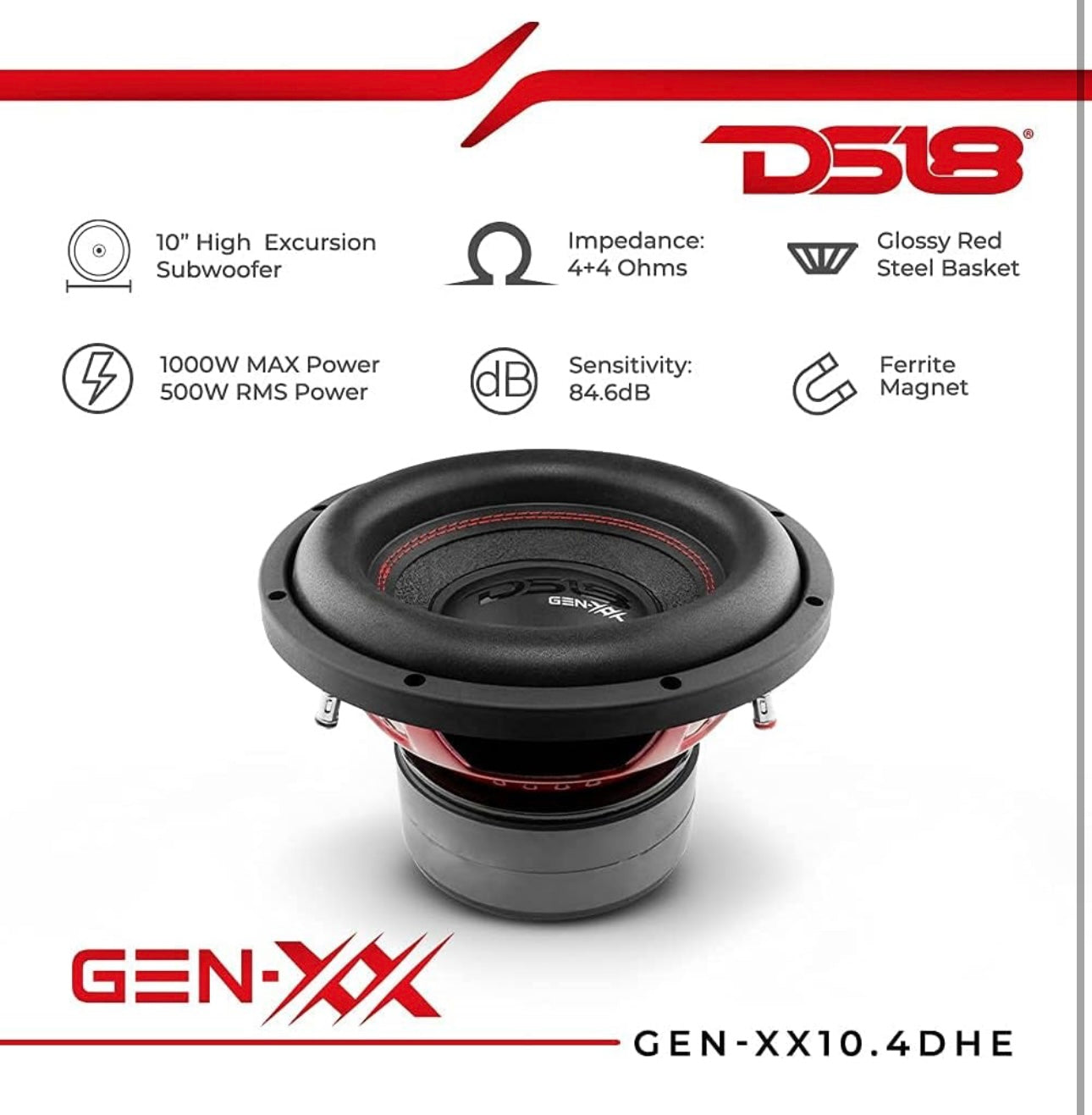 DS18 GEN-XX10.4DHE 10" High Excursion Car Subwoofer 1000 Watts Max Dual Voice Coil  (1 PC)