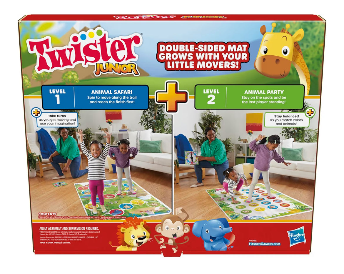 Hasbro Gaming Twister Junior Game, Animal Adventure 2-Sided Mat, 2 Games in 1, Party Game for Kids Ages 3 and Up and 2-4 Players