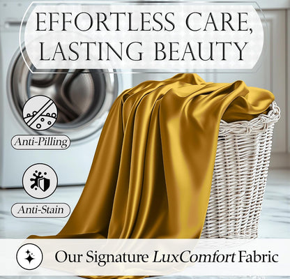 DECOLURE Satin Bed Sheets - 4 Piece Luxury Silky Queen Size Bedding Set - Softer Than Silk, Wrinkle-Free with 15” Deep Pocket Fitted Sheet, Perfect for Hair & Skin, Gifts for Women (Gold)